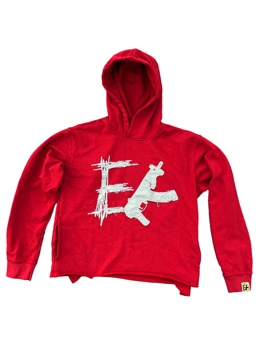 Cropped Distressed Applique Draco Hoodie - Red ( Enklaimed )