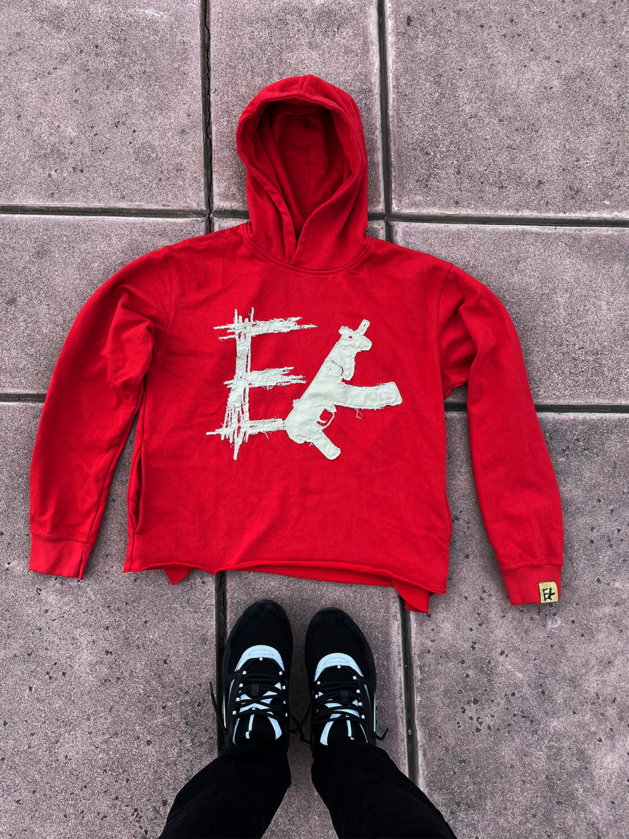 Cropped Distressed Applique Draco Hoodie - Red ( Enklaimed )