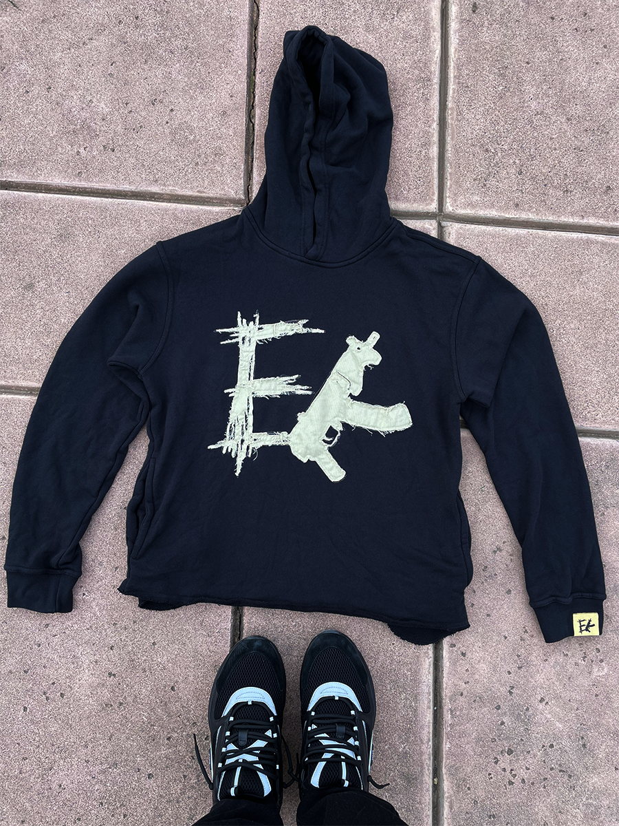 Cropped Distressed Applique Draco Hoodie - Black ( Enklaimed )